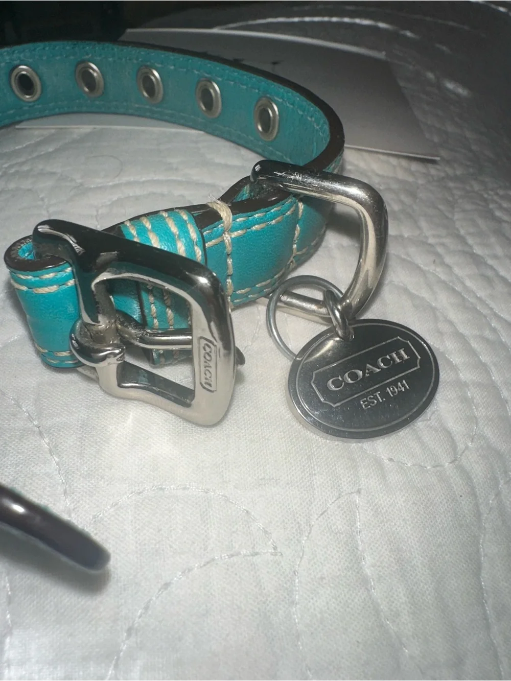 Coach XS Teal Leather Dog Collar with Silver Hardware